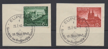 Michel Nr. 748 - 749, Eupen, Malmedy und Moresnet auf Briefstück mit Ersttagsstempel.